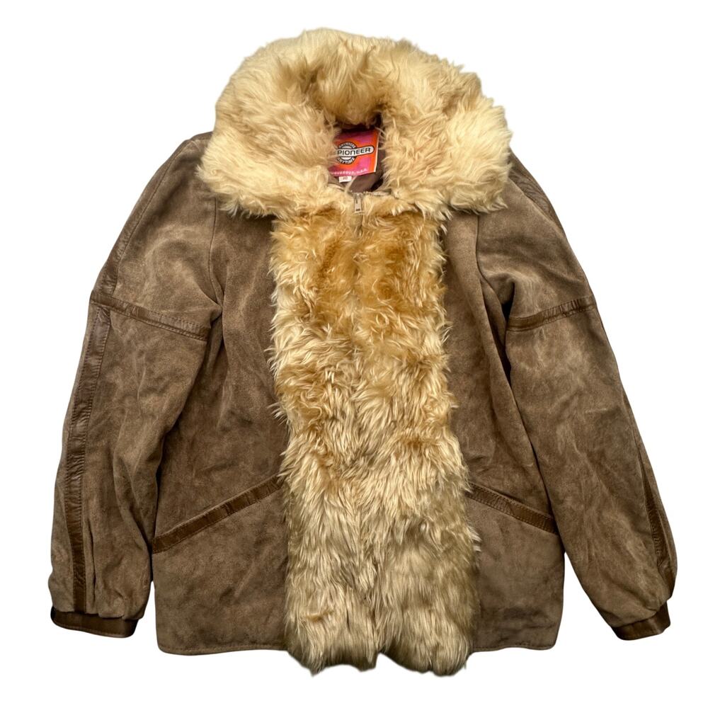 Vintage 70s Ms Pioneer Suede Leather Jacket Coat Womens 10 Fur Trim Brown Zip